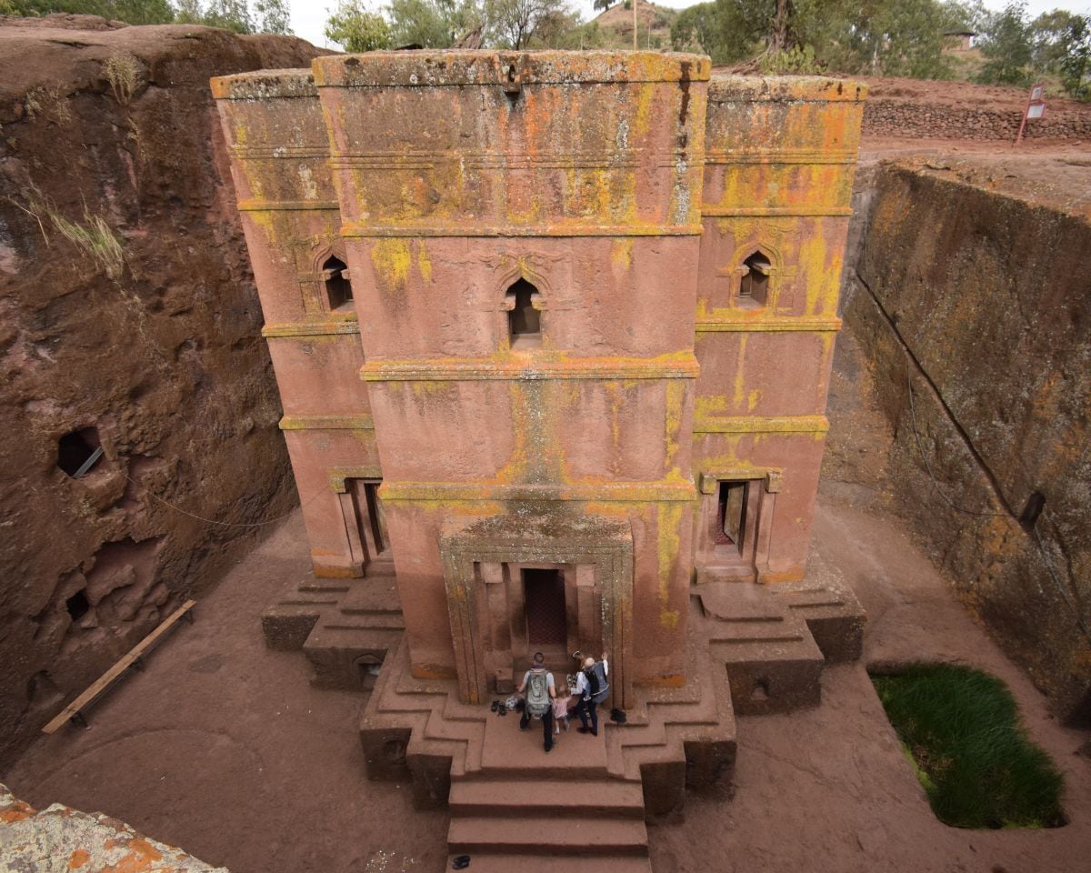 Looking down into a rock-hewn church at Lalibela